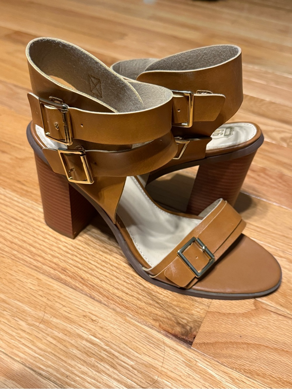 Route 66 Cognac Tan Block Heel Sandals with Buckle Straps